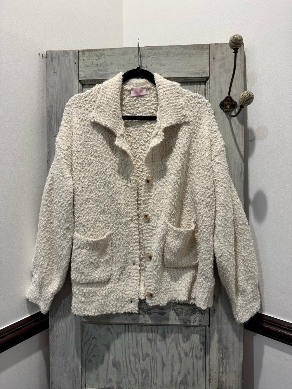 Pink Lily Cream Fuzzy Soft Pocketed Cardigan medium oversized